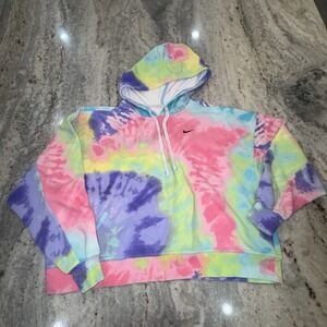 Nike Womens Large Tie Dye Cropped Pullover Hooded Athletic Sweatshirt Boxy Loose